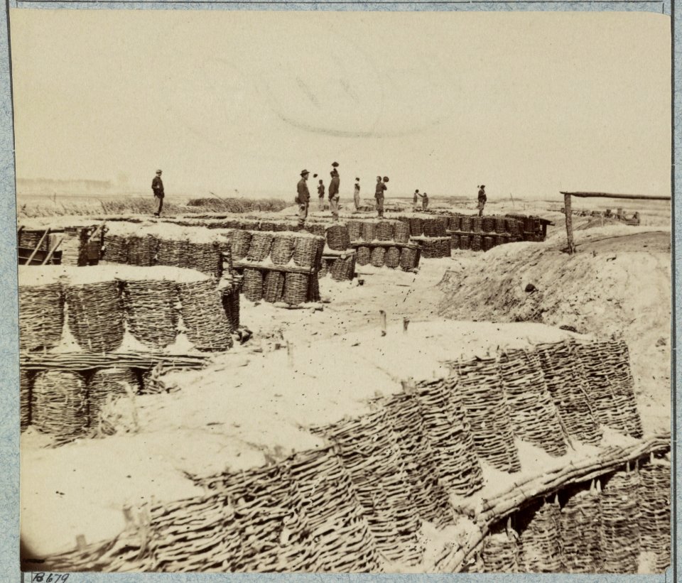A group of soldiers stand on gabions used as fortifications near Petersburg, Virginia LCCN2012646262