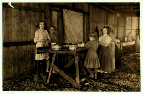 A group of shrimp pickers in Peerless Oyster Co., working during the short noon recess. Many workers, including the children, utilize part of the lunch time this way, when there is a lunch LOC nclc.00900