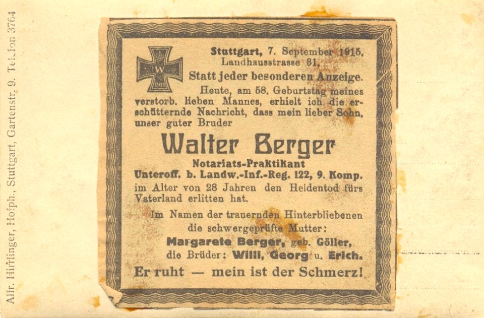 A Hirrlinger - Walter Berger (Württembergisches Landwehr-Infanterie-Regiment Nr. 122) (1915) R