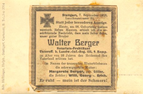 A Hirrlinger - Walter Berger (Württembergisches Landwehr-Infanterie-Regiment Nr. 122) (1915) R