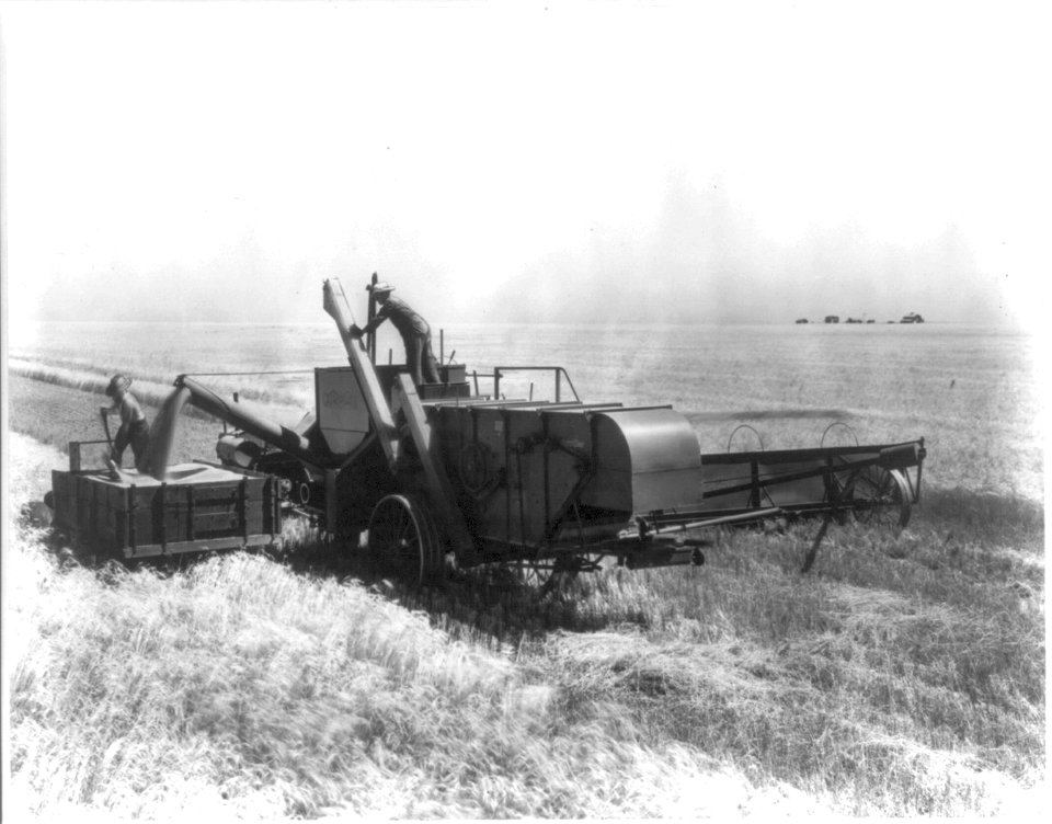 A Kansas wheat field, Harvester Combine in action LCCN2012646392