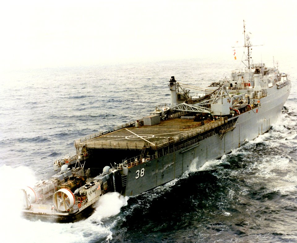 A LCAC enters USS Pensacola (LSD-38) while underway in 1985
