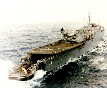 A LCAC enters USS Pensacola (LSD-38) while underway in 1985