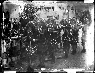 A line of dancing braves in the Hopi Snake Dance Ceremony at its height, Oraibi, Arizona, ca.1898 (CHS-3355)
