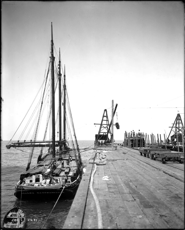 A lumber schooner, the Azalea Sanfrancisco, anchored at the Redondo Beach railroad and shipping wharf, ca.1904-1910 (CHS-5491)