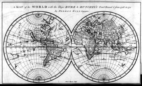 A map of the world with ships DUKE & DUTCHESS' tract round it from 1708 to 1711, by Herman Moll, geographer LCCN2007677057