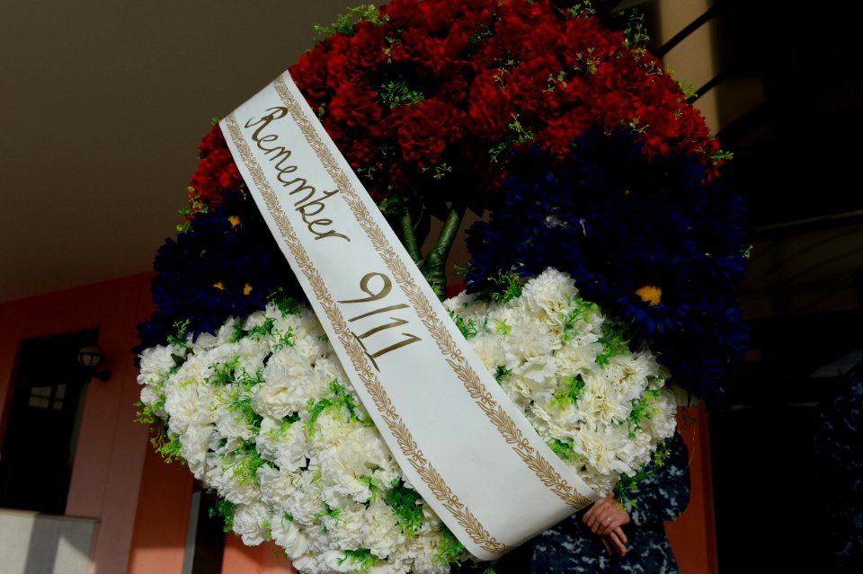 A memorial wreath to honor the victims of the 9-11 terrorist attacks is seen during a ceremony Sept 140911-N-QY759-047