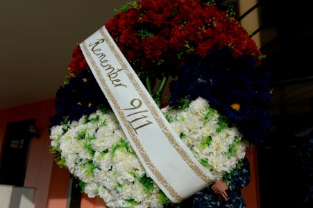A memorial wreath to honor the victims of the 9-11 terrorist attacks is seen during a ceremony Sept 140911-N-QY759-047