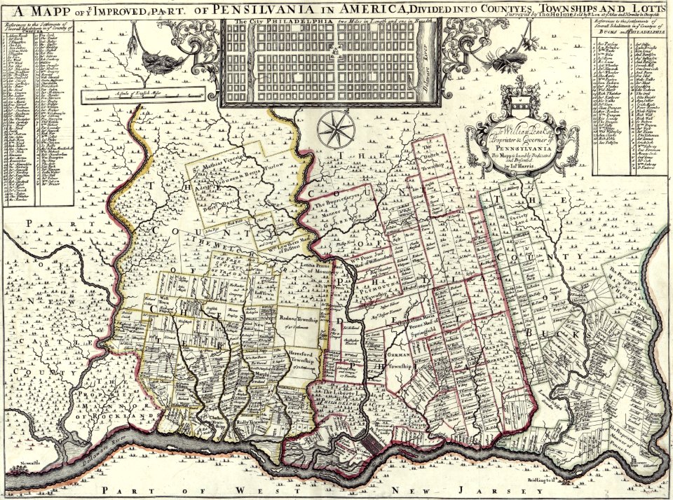 A mapp of ye improved part of Pensilvania in America, divided into countyes townships and lotts - cropped, curves
