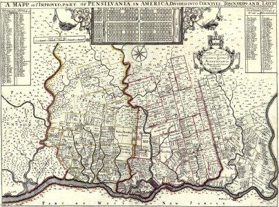 A mapp of ye improved part of Pensilvania in America, divided into countyes townships and lotts - cropped, curves