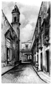 A Narrow street in old Havana, Cuba, church on left LCCN89707768