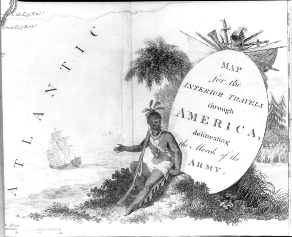 A Native warrior on the cartouche for Map for the Interior Travels through America, delineating the March of the Army) - T. Conder, sculpsit LCCN2004676801