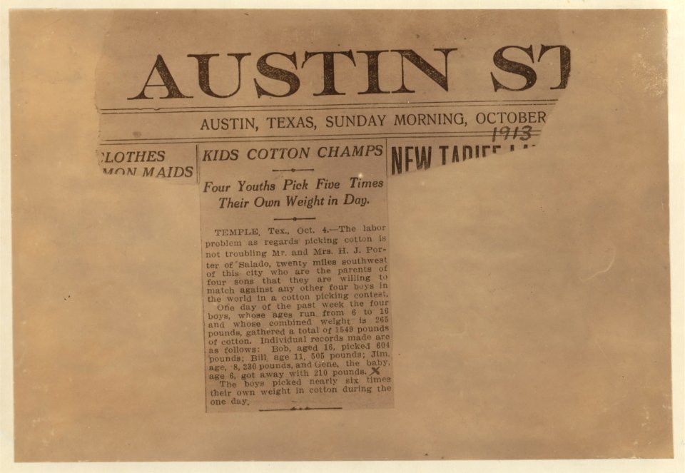 A newspaper clipping of October 1913 about young Texas cotton pickers. LOC nclc.02911