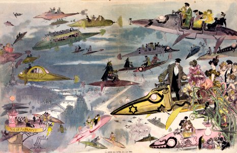 A night at the opera in the year 2000, cartoon by Albert Robida, ca. 1882
