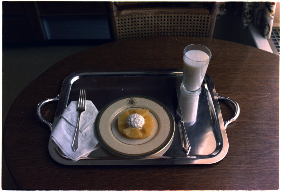A picture of the last meal Nixon ate at the White House prior to him leaving the White House. - NARA - 194594