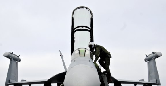 A pilot climbs into a Growler. (8739385696)