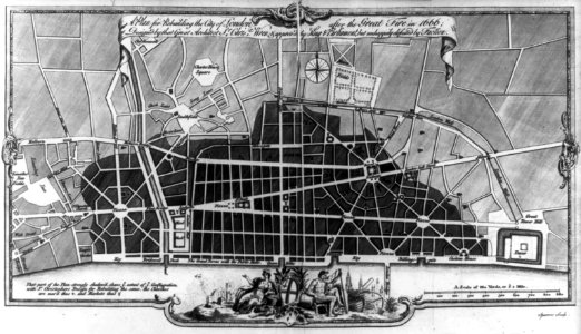 A Plan for rebuilding the City of London after the Great Fire in 1666; Designed by that Great Architect Dr. Chris'r Wren & approved by King & Parliament but unhappily defeated by Faction LCCN2004678686