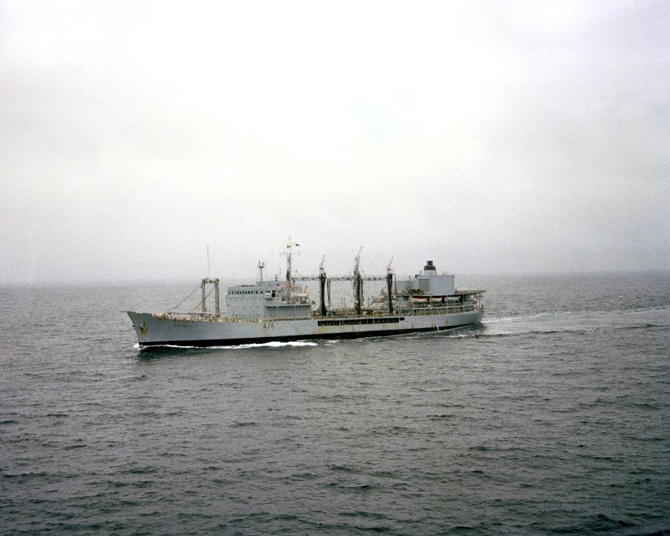A port bow view of the British large fleet tanker HMS TIDEPOOL (A 76) underway