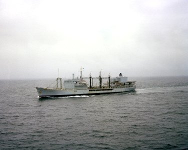 A port bow view of the British large fleet tanker HMS TIDEPOOL (A 76) underway