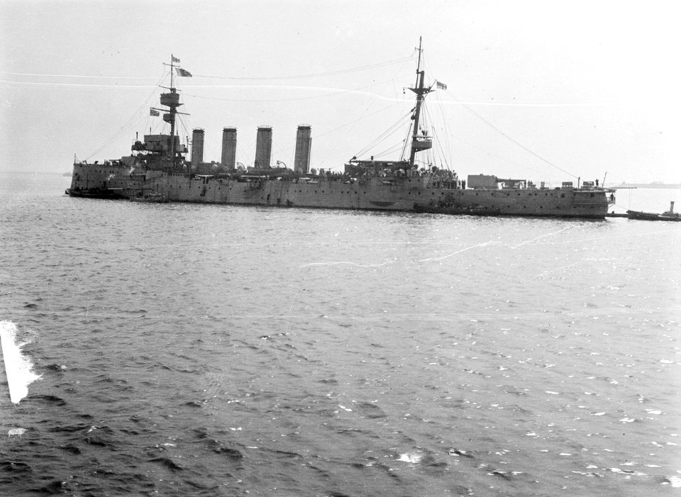 A port quarter view of the armoured cruiser HMS Antrim (1903) moored at Sheerness N2264