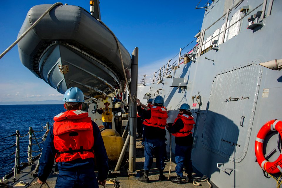 A RHIB is deployed on the USS McCampbell DDG-85, 140117-N-IP531-059