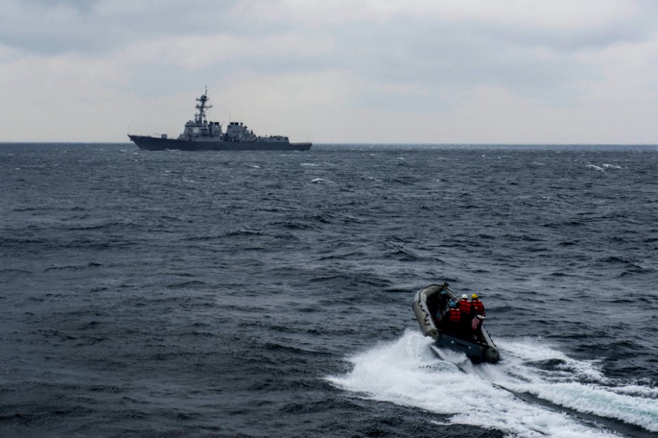 A rigid-hull inflatable boat transfers personnel. (16913886418)