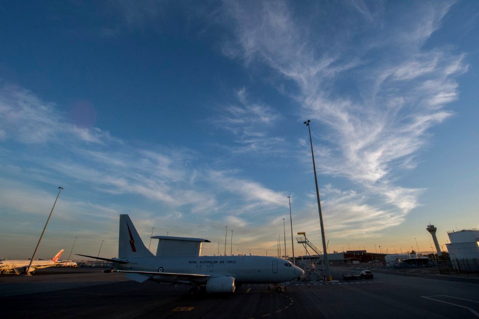 A Royal Australian Air Force E-7A Wedgetail aircraft sits on the flight line at Perth Airport in Perth, Australia, April 4, 2014 140404-N-VD564-012