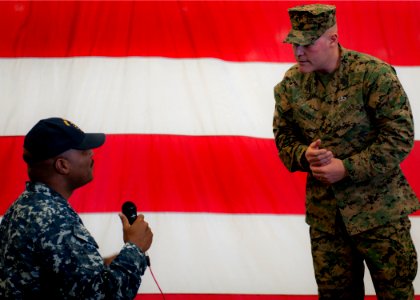 A Sailor asks a question of Sgt. Major of the Marine Corps. (16029338080)