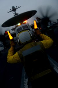 A Sailor directs an E-2C aboard USS John C. Stennis. (8434691291)