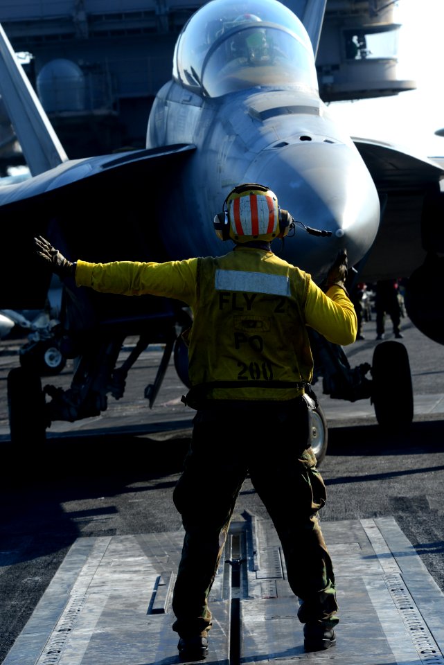 A Sailor directs an F-A-18F at sea. (8339127466)