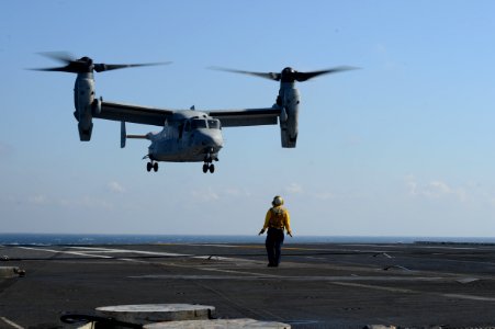 A Sailor directs an MV-22 to land. (8435774206)