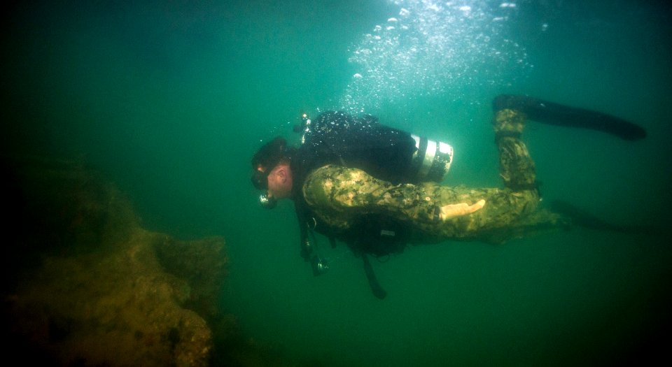 A Sailor dives over the remains of USS Arizona. (8579436043)