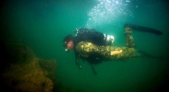 A Sailor dives over the remains of USS Arizona. (8579436043)
