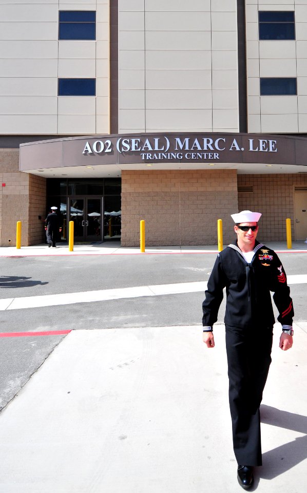A Sailor leaves the AO2 (SEAL) Marc A. Lee Training Center. (8579435707)