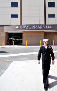 A Sailor leaves the AO2 (SEAL) Marc A. Lee Training Center. (8579435707) photo