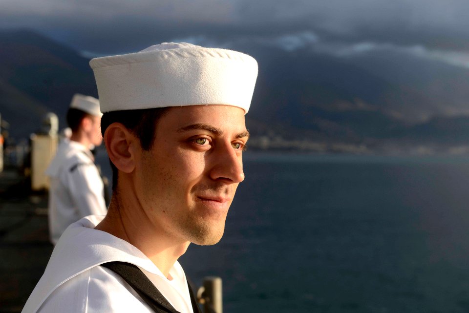 A Sailor mans the rails aboard USS Mount Whitney. (21963407942)