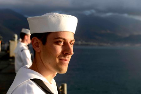 A Sailor mans the rails aboard USS Mount Whitney. (21963407942)