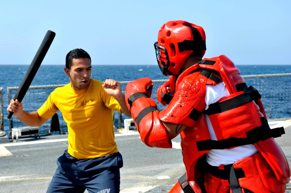 A Sailor practices security tactics at sea. (8414178342)