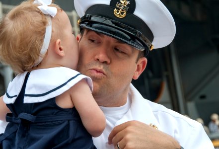 A Sailor says goodbye to his daughter as the USS George Washington prepares to depart. (17638589769) photo