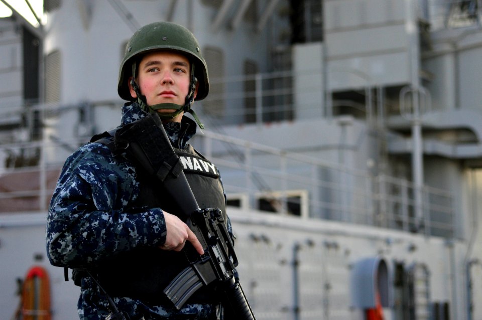 A Sailor stands watch aboard USS Blue Ridge. (8434693733)