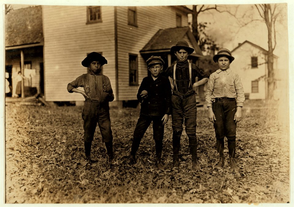 A Saturday ball game. Springstein Mills, Chester, S.C. Boy with glove, Malcom Rogers. (See photo 329). Next to him - Ben Deaton-12 years old. 52 inches high. Weaver. Runs 6 looms at $1.00 a LOC nclc.01423