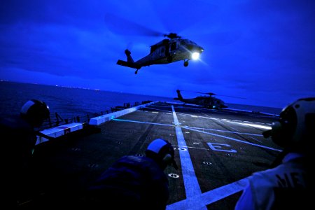 A Sea Hawk helicopter approaches USS New Orleans. (8717414785)