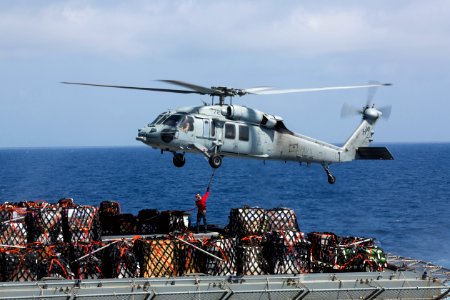 A Sea Hawk picks up cargo at sea. (8719463937)