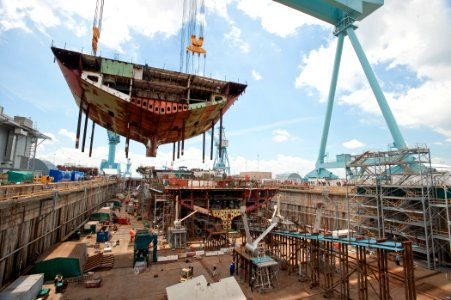 A section of the aircraft carrier Gerald R. Ford is moved into place. (8413078877)