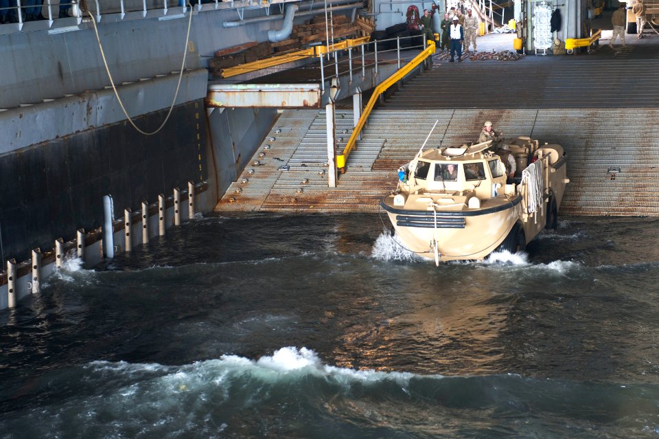 A ship departs the welldeck of the USS Pearl Harbor. (6807746483)
