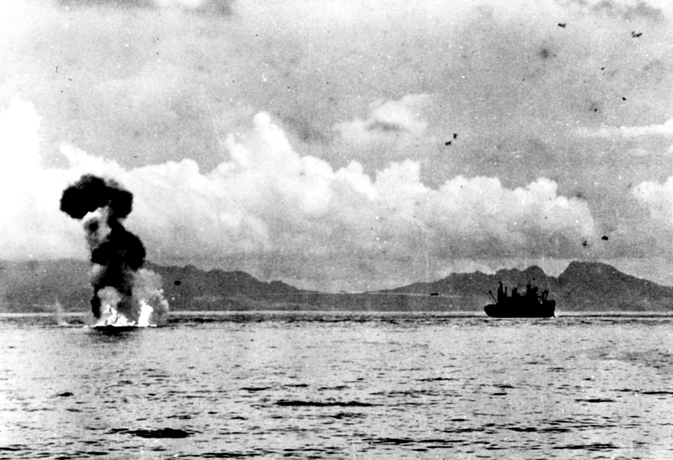A shot down Japanese aircraft burns on the water off Guadalcanal, circa 8 August 1942 (NH 69116)