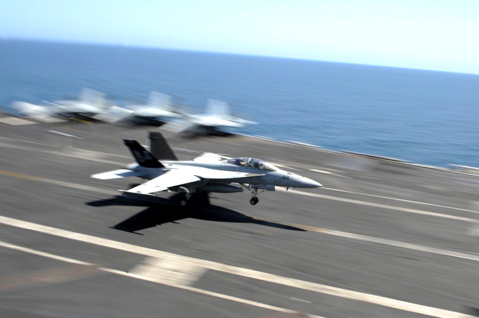 A Super Hornet lands on the flight deck. (8715225024)