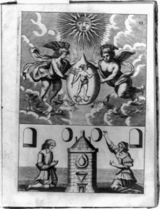 Alchemical scene showing two putti holding philosopher's stone containing image of Hermes, below which are a man and a woman kneeling before furnace where transmutation is to take place LCCN96504158