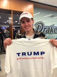 Alec Bognar, a supporter of Republican presidential candidate Donald Trump, poses at a rally in Des Moines, Iowa, Jan. 28, 2016 photo