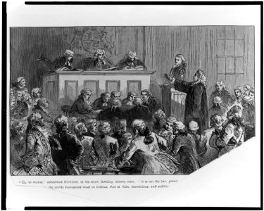 Alexander Hamilton addressing three judges with others looking on in courtroom LCCN97509212